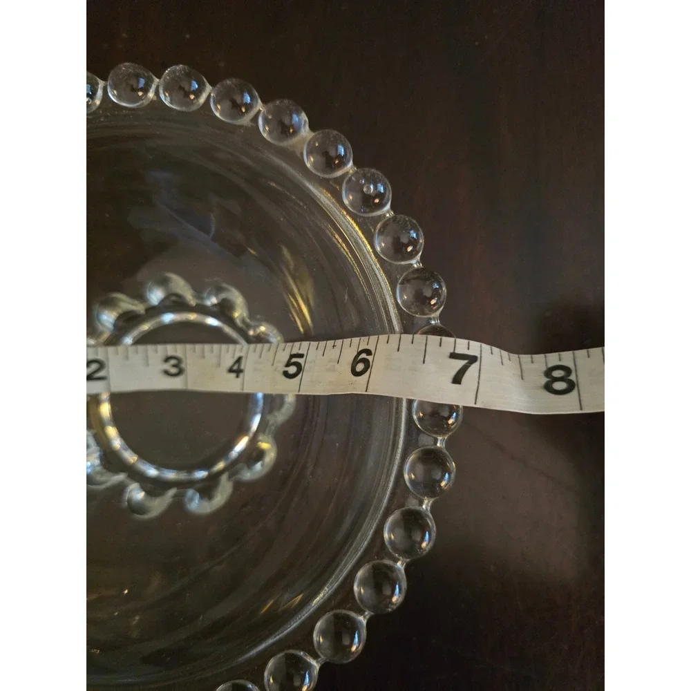 Vintage Clear Beaded Edge Glass Bowl Candlewick Style Scalloped Pedestal 7 Inch - Picture 3 of 5